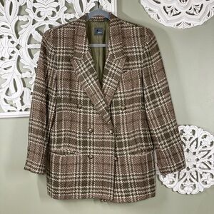 Lizwear Plaid Brown Suit Jacket Blazer Double Button Vintage